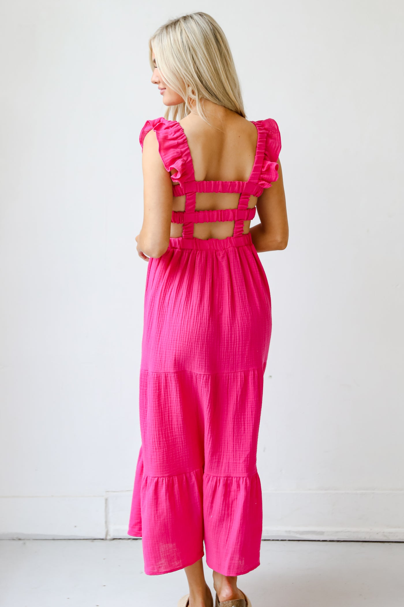 pink Linen Tiered Maxi Dress back view