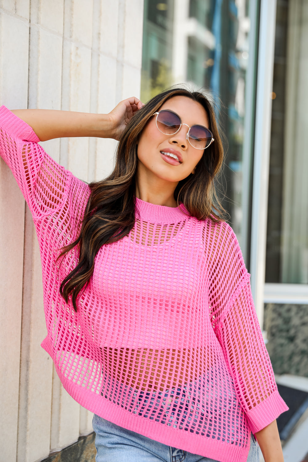 Oh So Sunny Pink Crochet Open Knit Top