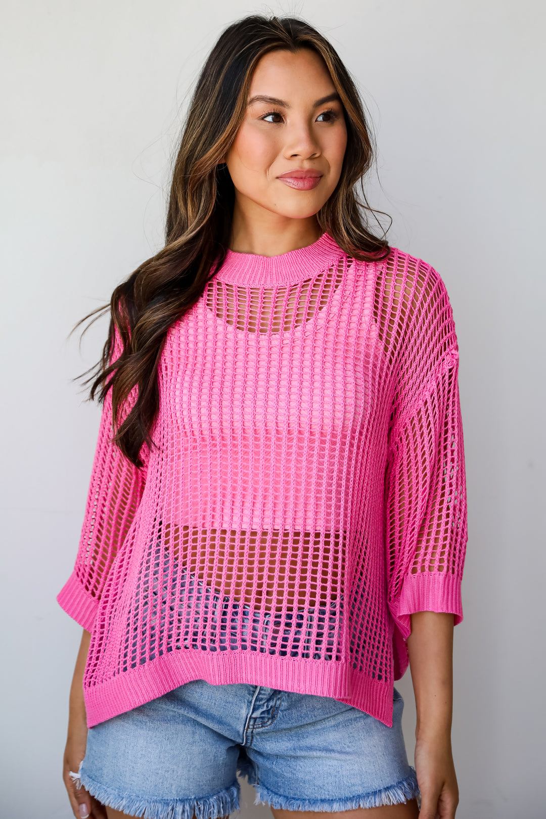 Oh So Sunny Pink Crochet Open Knit Top