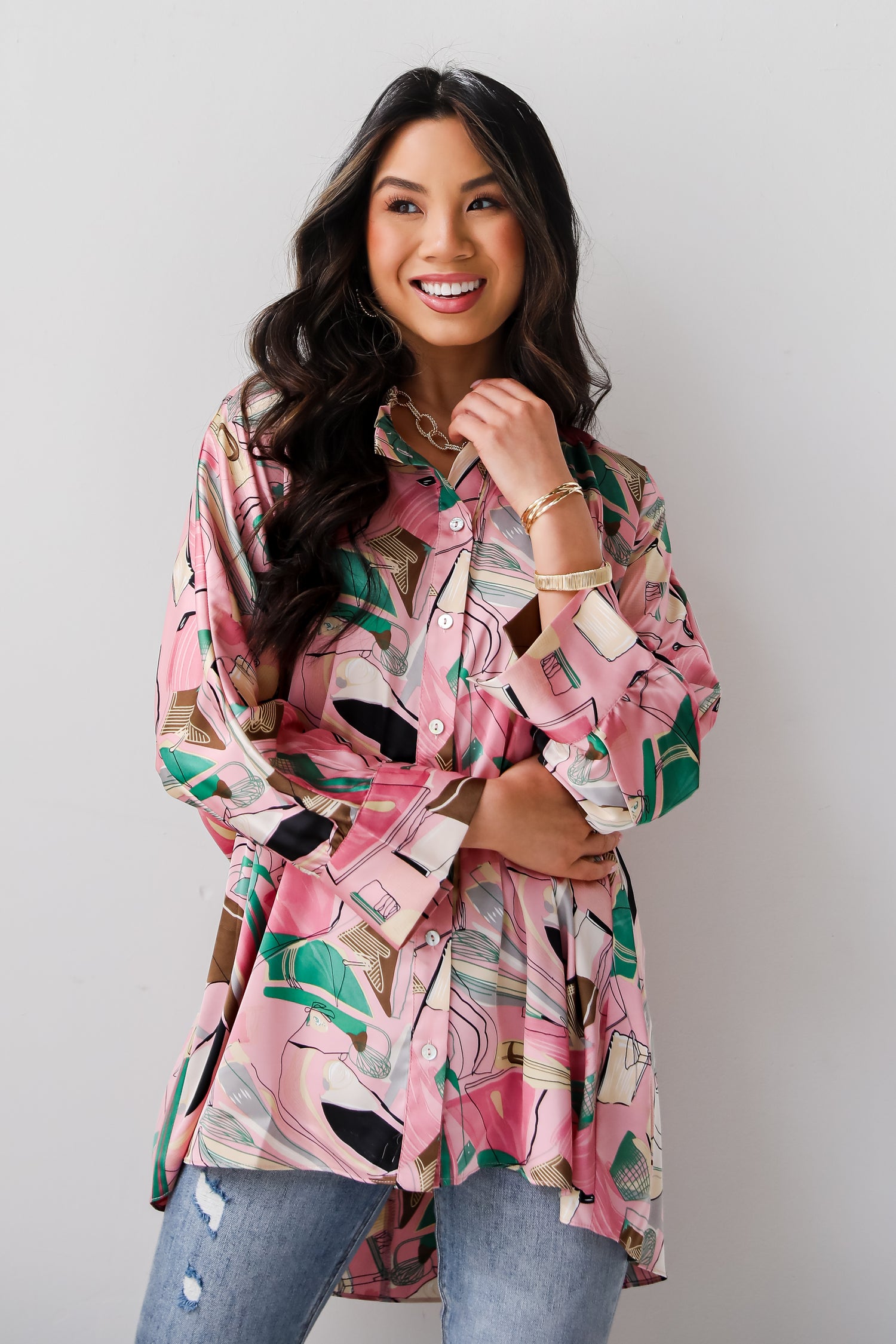 Stylish Imagination Pink Satin Oversized Blouse cute printed blouses