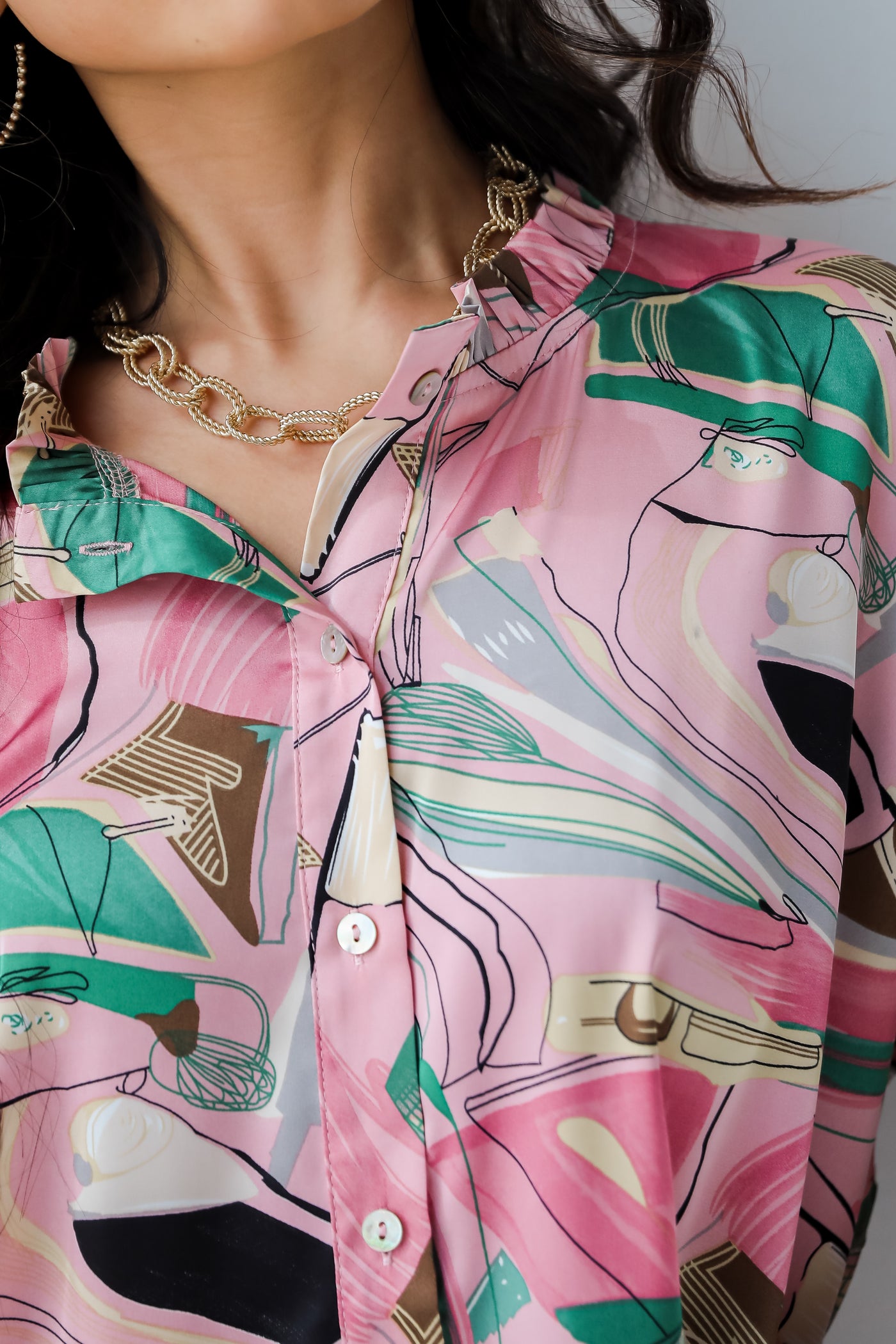 Stylish Imagination Pink Satin Oversized Blouse trendy printed tops