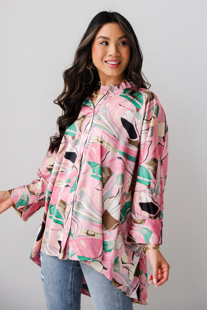 Stylish Imagination Pink Satin Oversized Blouse abstract print tops