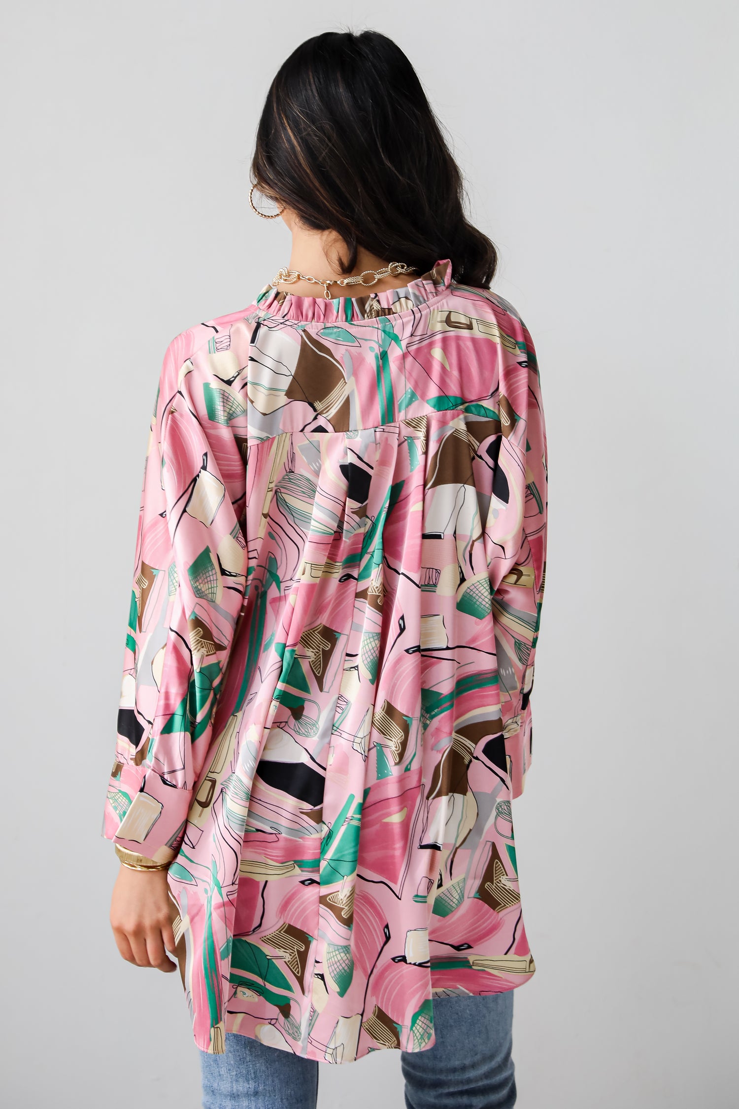 Stylish Imagination Pink Satin Oversized Blouse satin button up