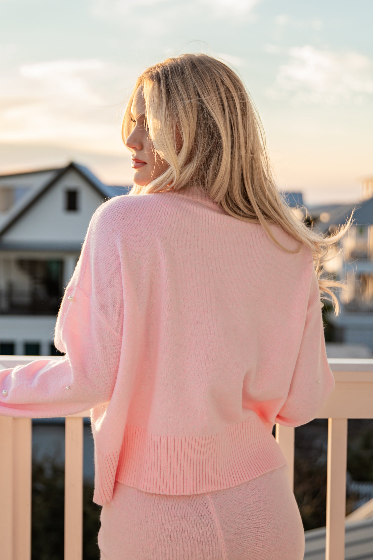 pink sweater dress with pearls Pink Pearl Cardigan Dress
