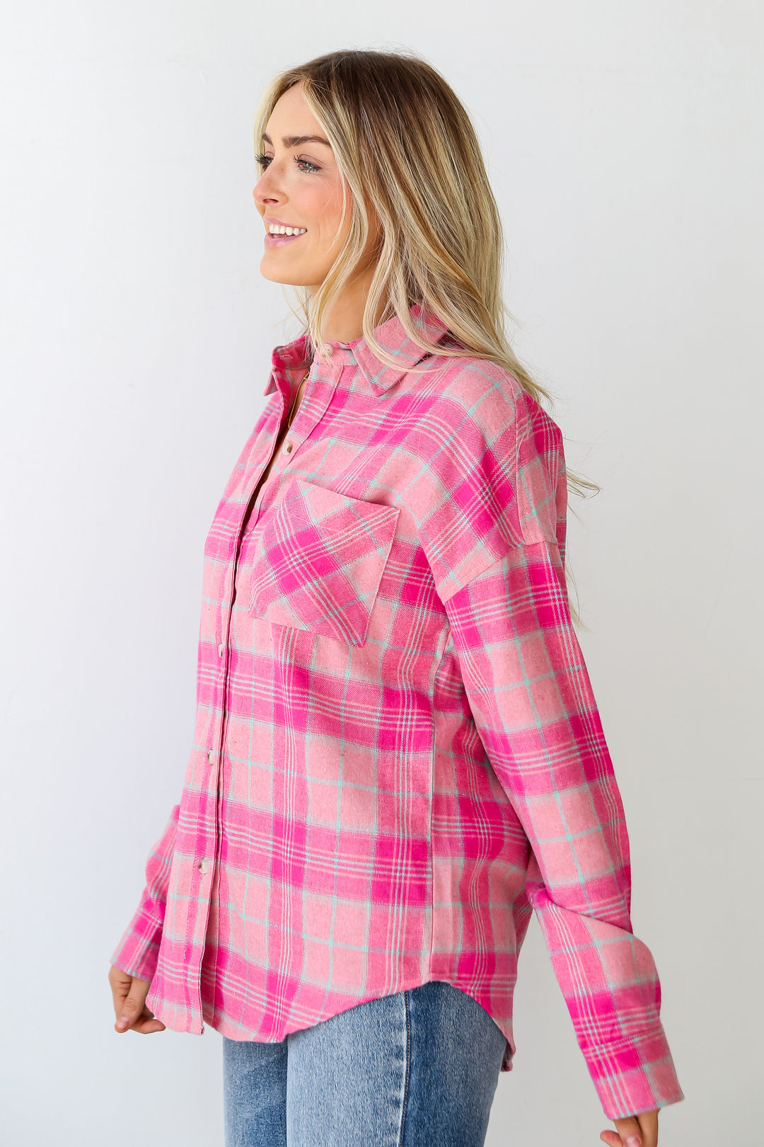 Pink Plaid Oversized Flannel side view