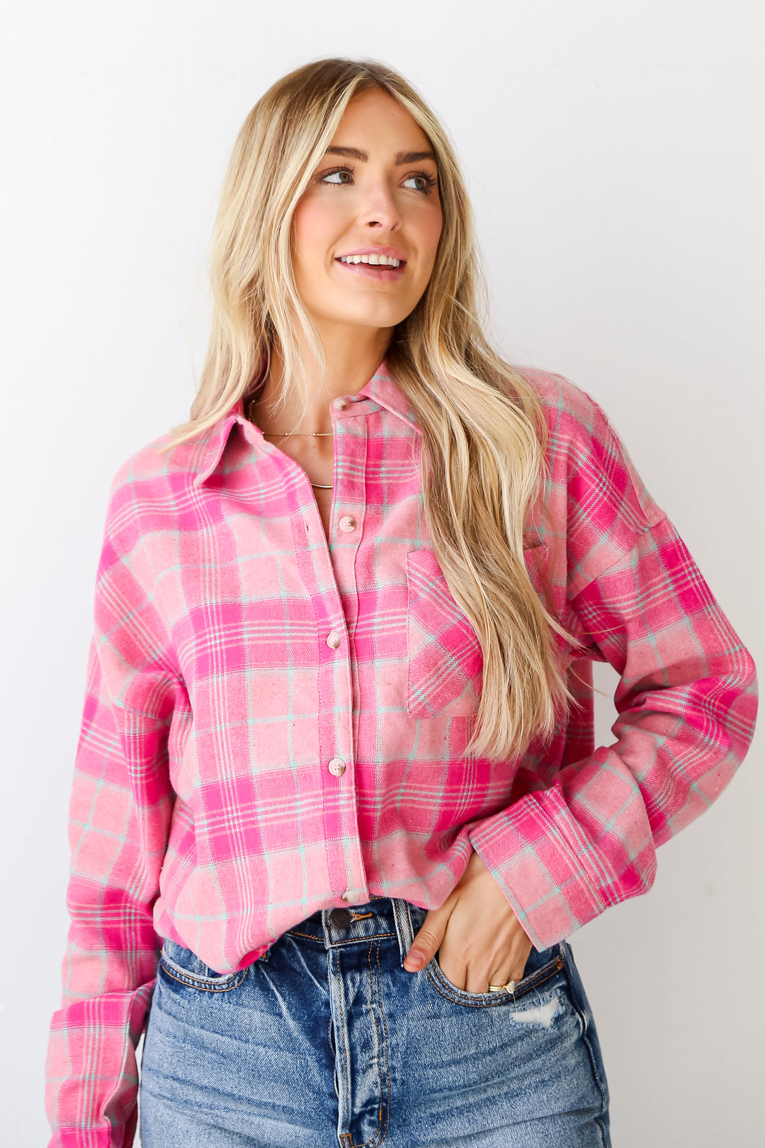 Pink Plaid Oversized Flannel on model