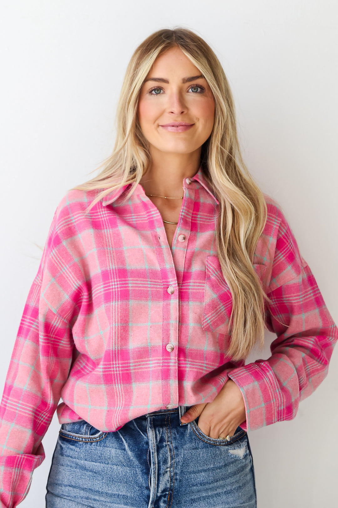 Pink Plaid Oversized Flannel front view
