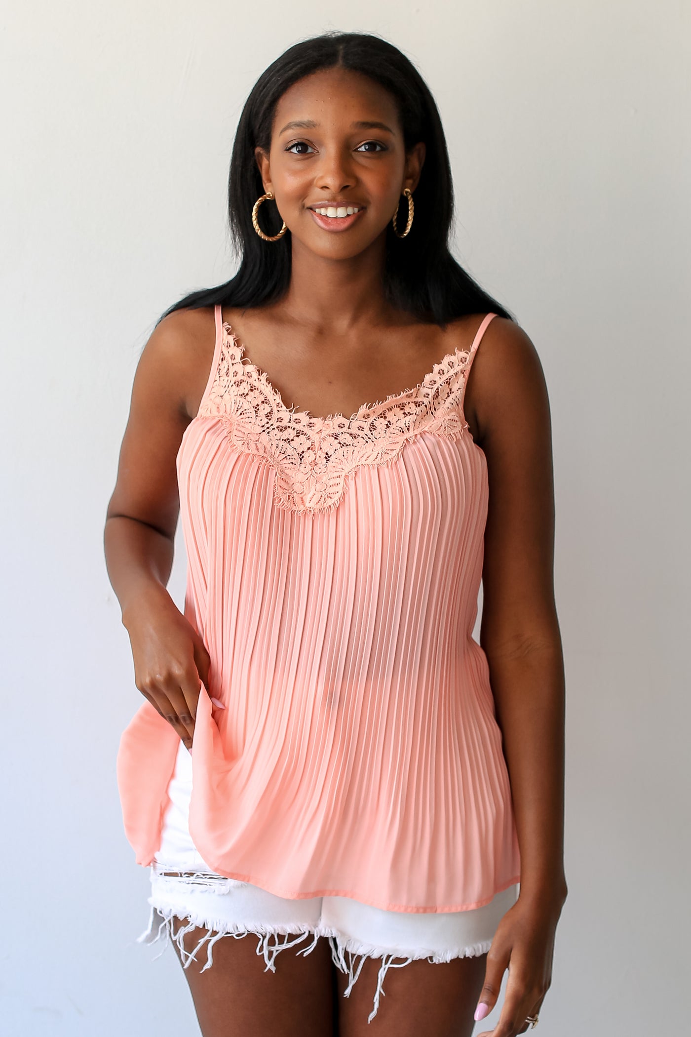 pink Pleated Lace Tank front view