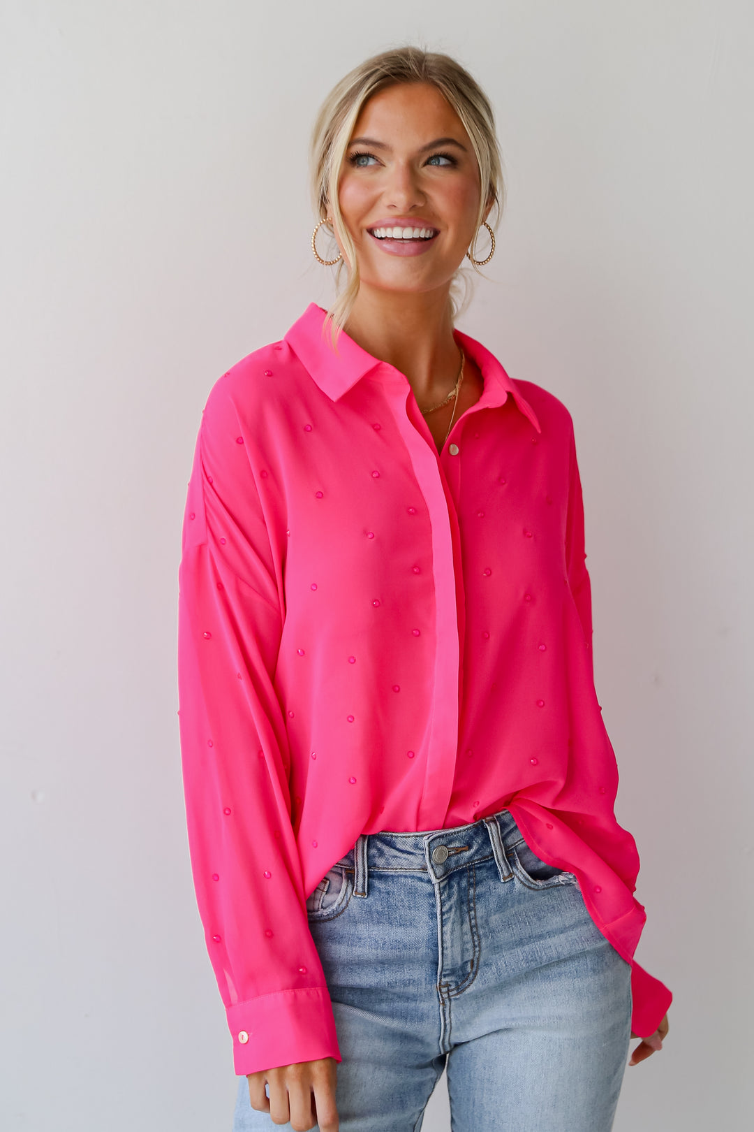 womens Fuchsia Rhinestone Button-Up Blouse