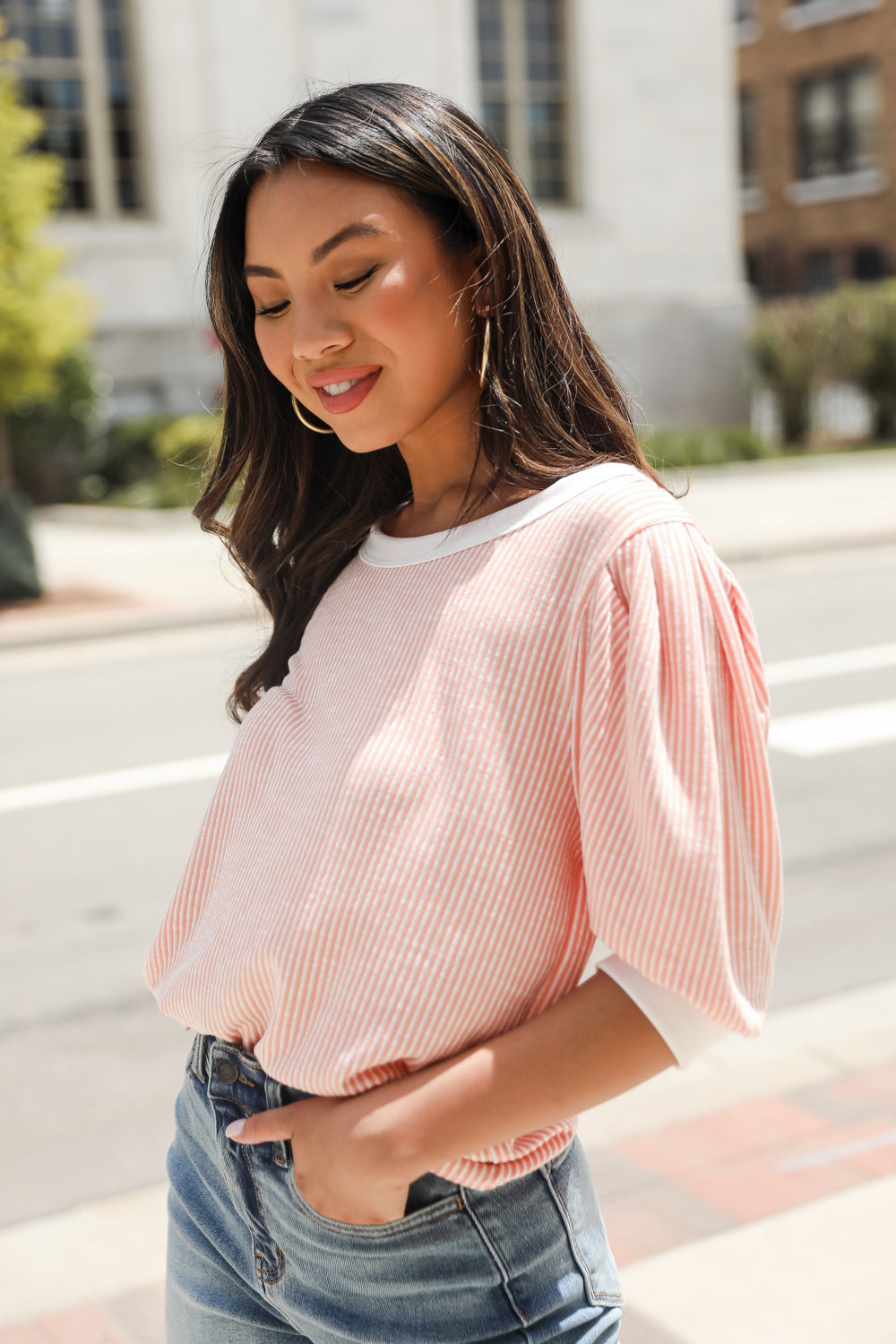 pink Ribbed Top on model