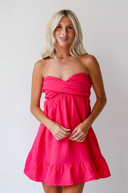 Adorable Character Fuchsia Strapless Linen Mini Dress