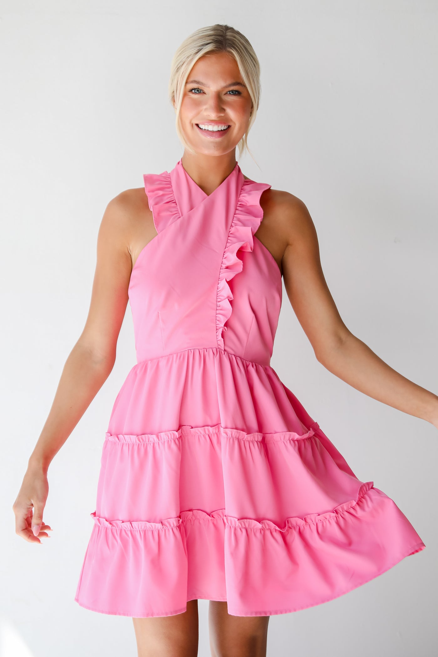 flowy Pink Halter Ruffle Mini Dress