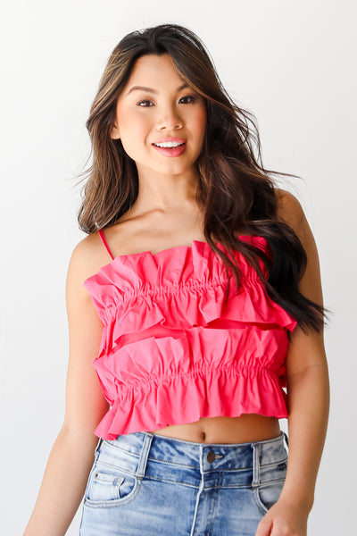 hot pink Ruffle Crop Top front view