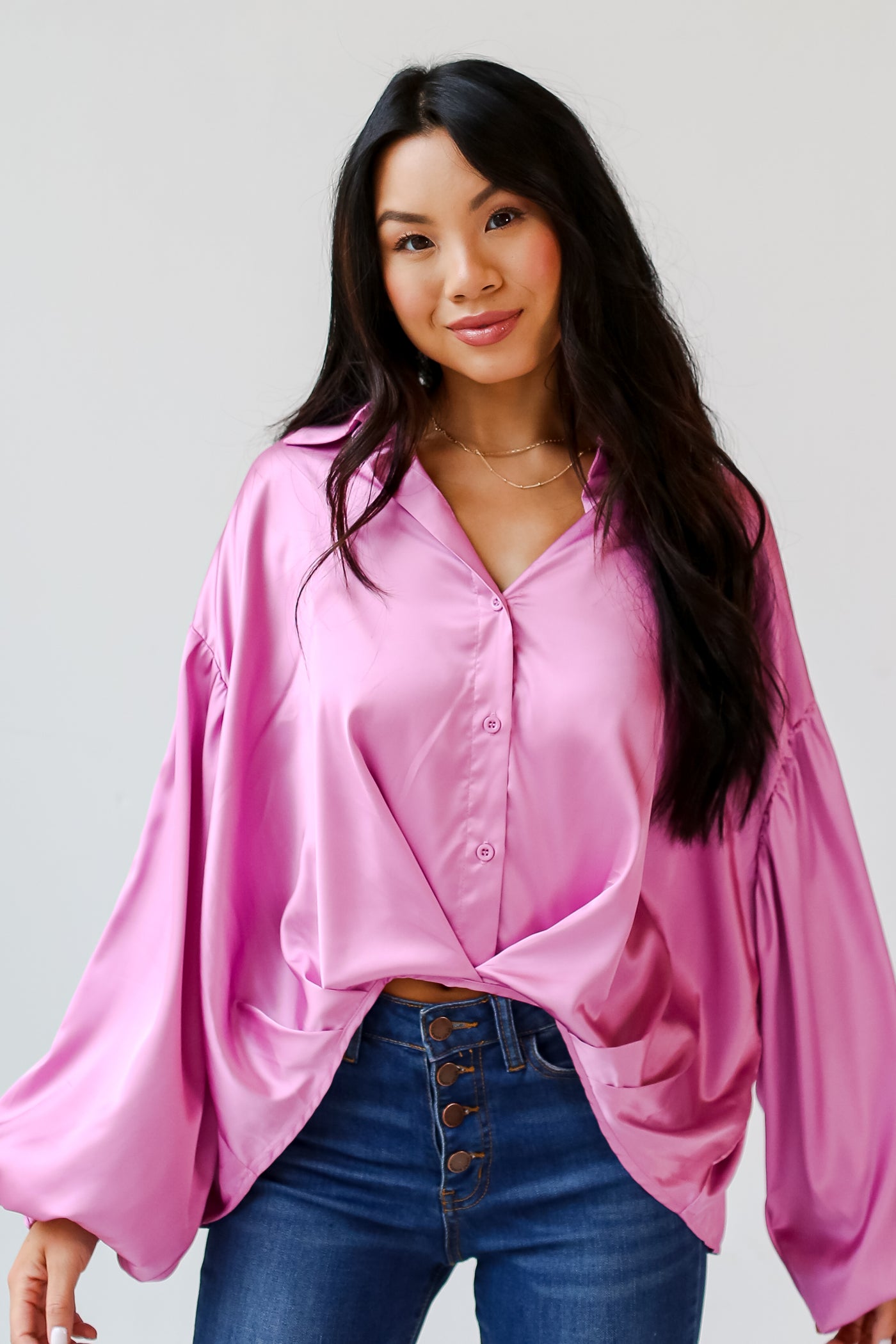 chic pink satin blouse