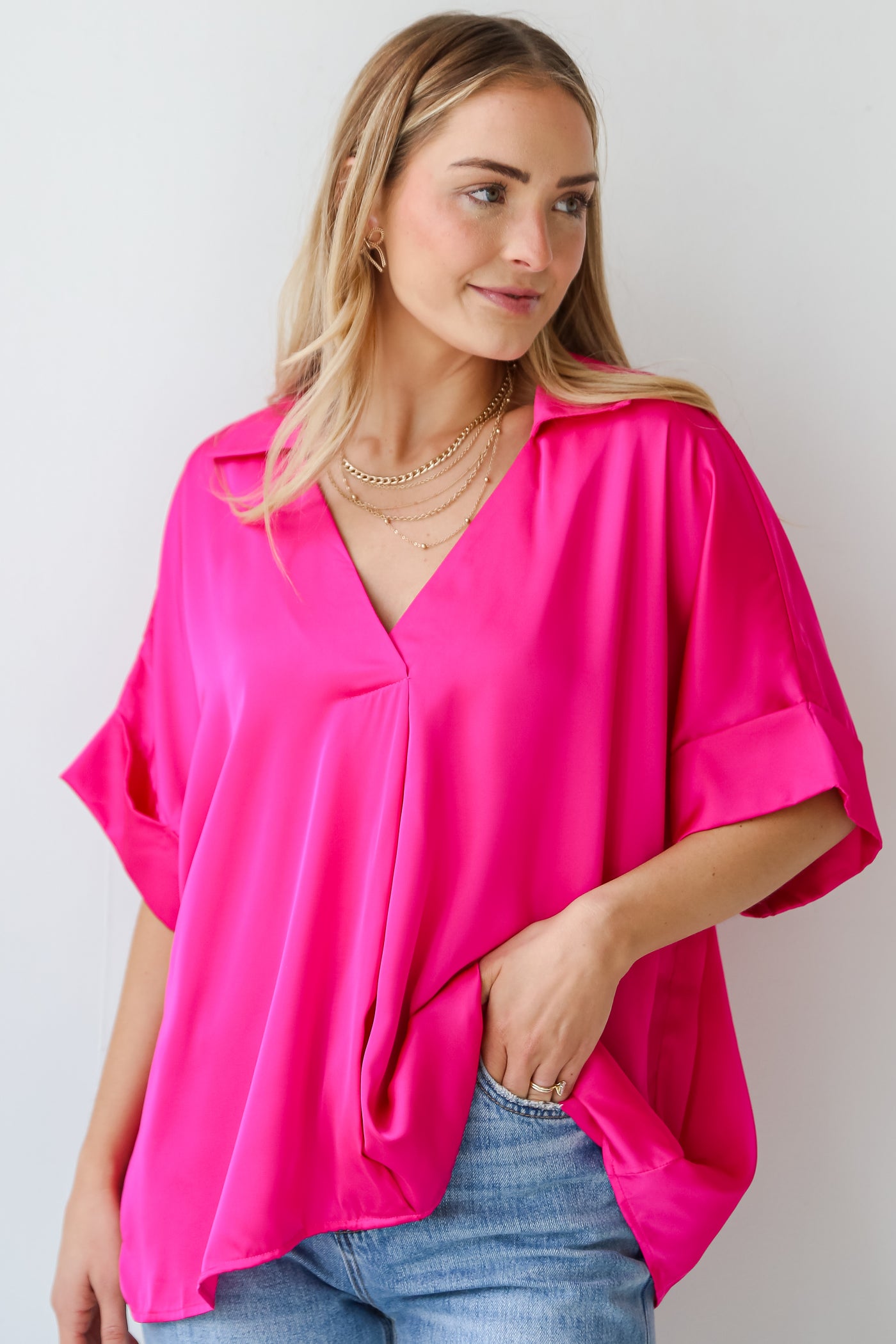 Hot Pink Satin Blouse for women