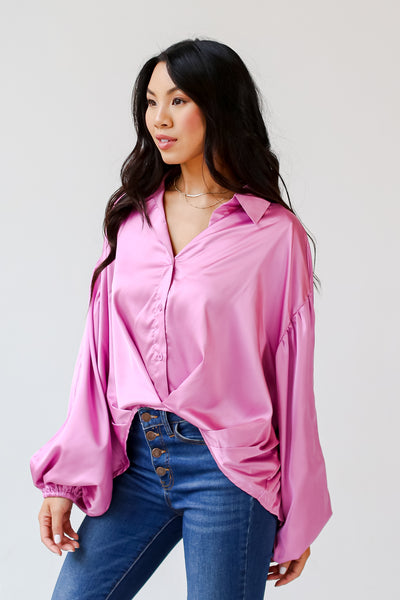 oversized pink satin blouse