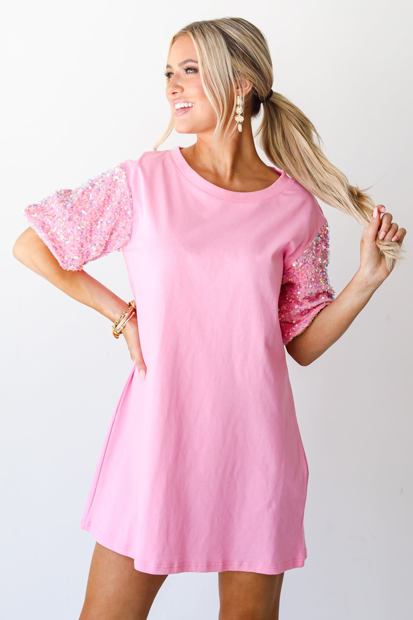 pink Sequin Sleeve Mini Dress on dress up model