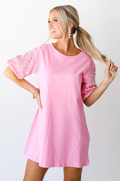 pink Sequin Sleeve Mini Dress on dress up model