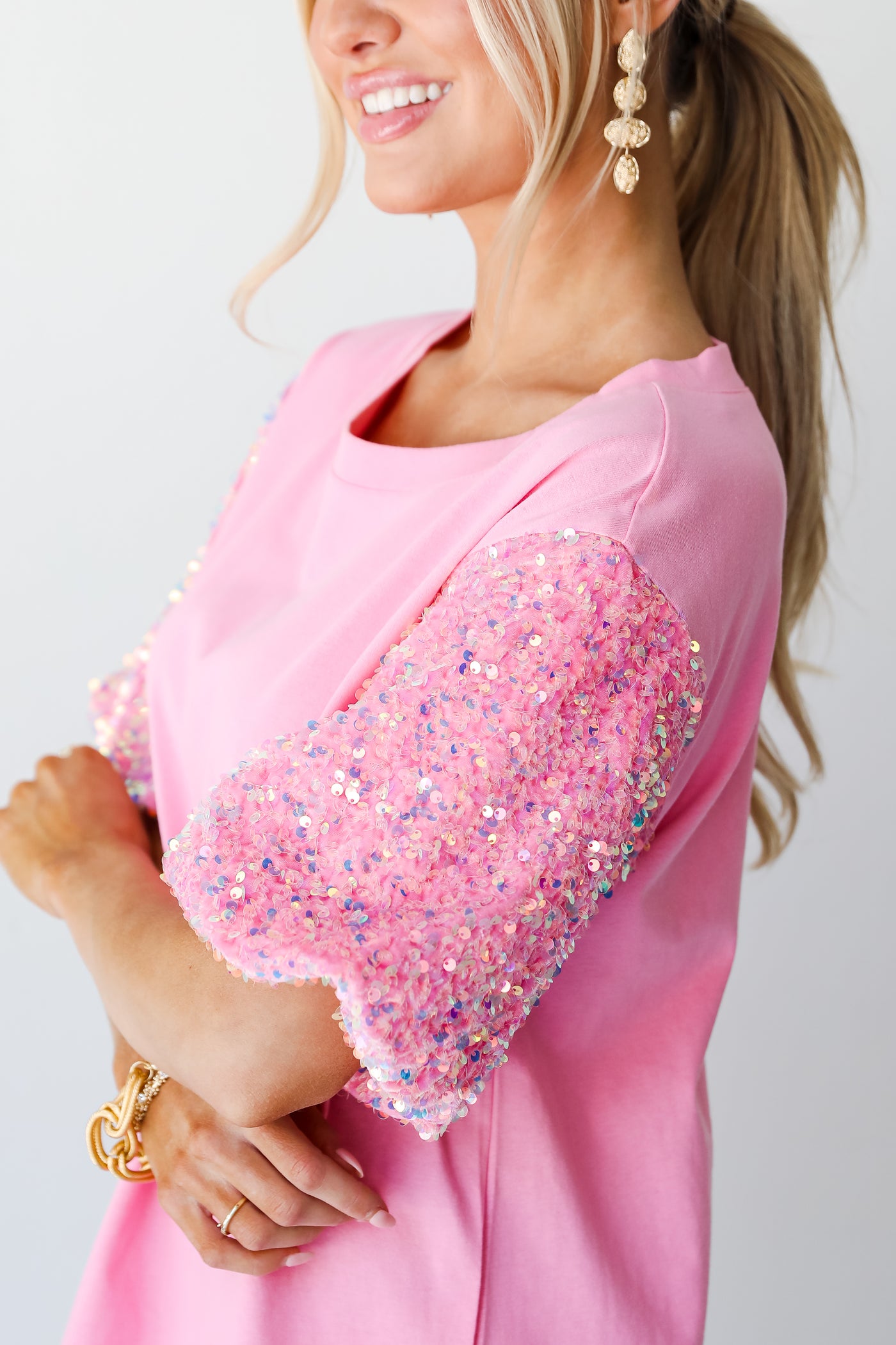 pink Sequin Sleeve Mini Dress close up