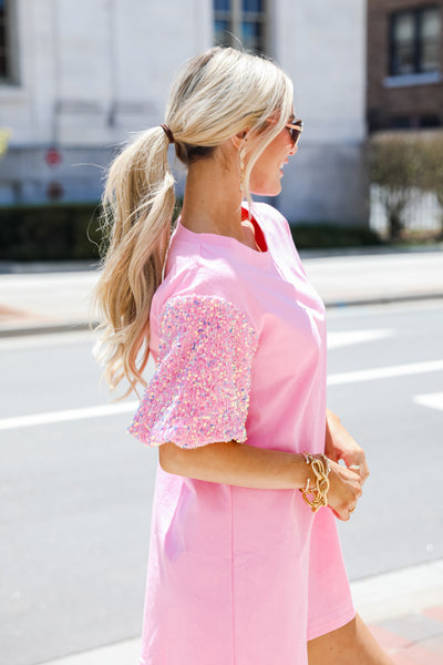 pink Sequin Sleeve Mini Dress on model