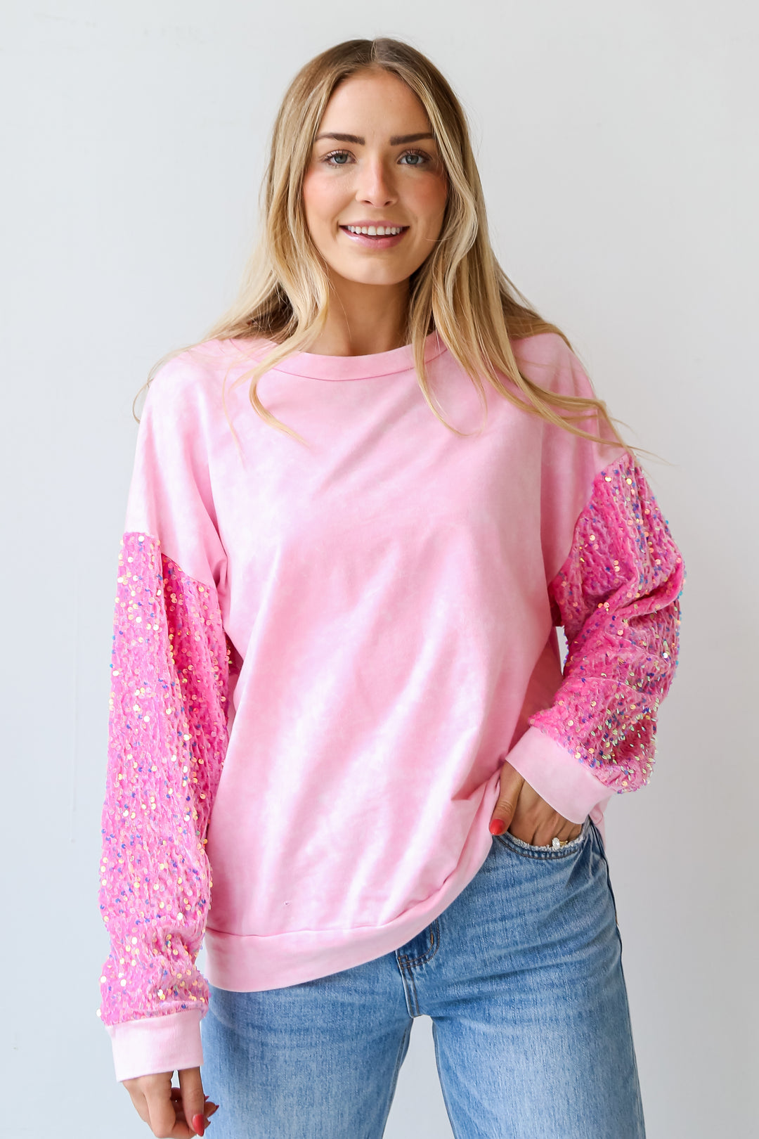 Pink Sequin Sleeve Pullover for women
