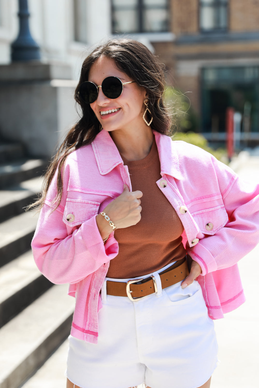 pink Cropped Shacket on model