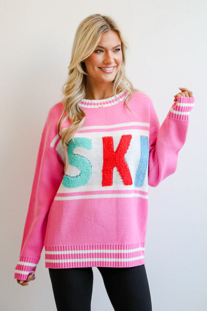 Found The Warmth Pink Ski Varsity Sweater