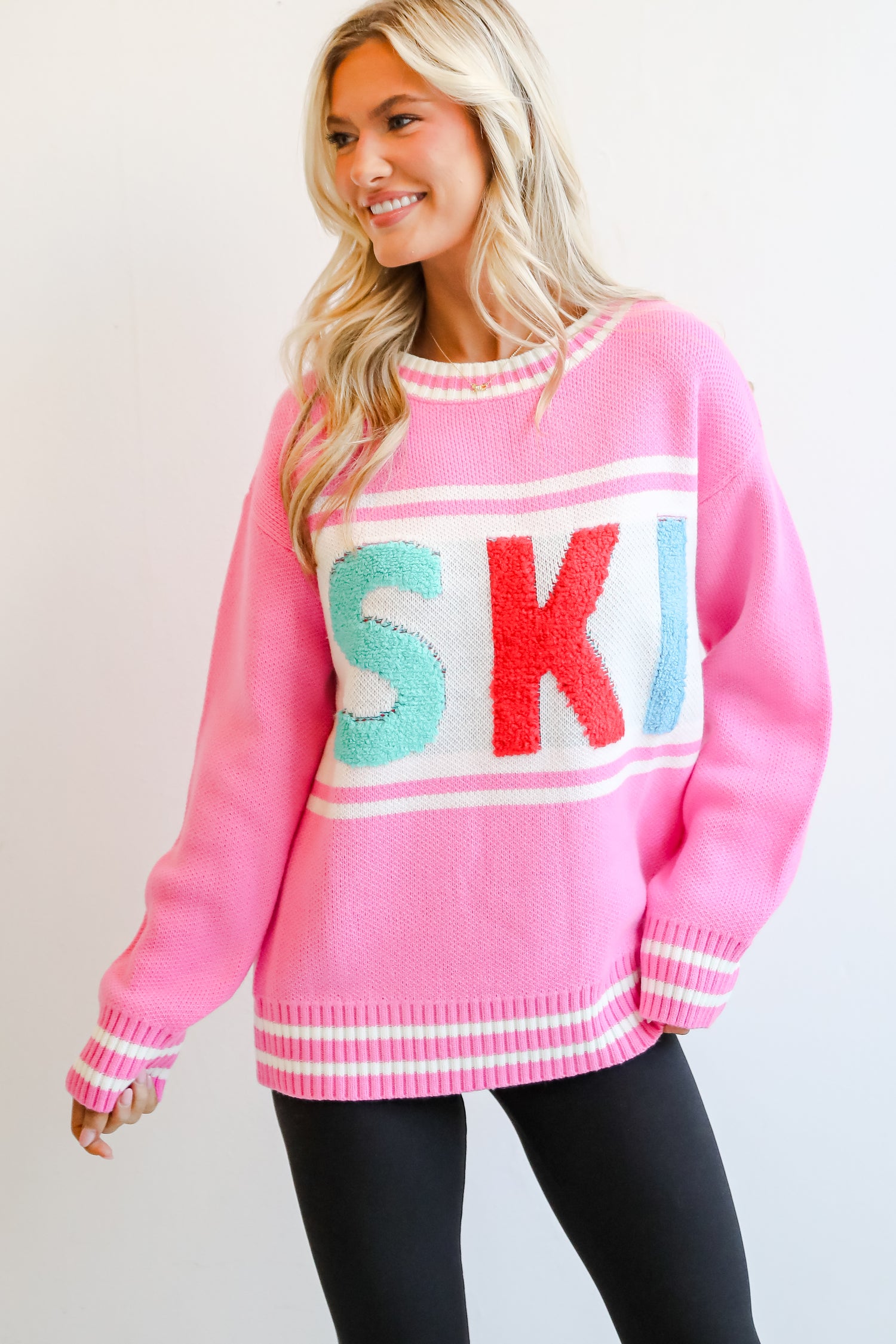 Found The Warmth Pink Ski Varsity Sweater