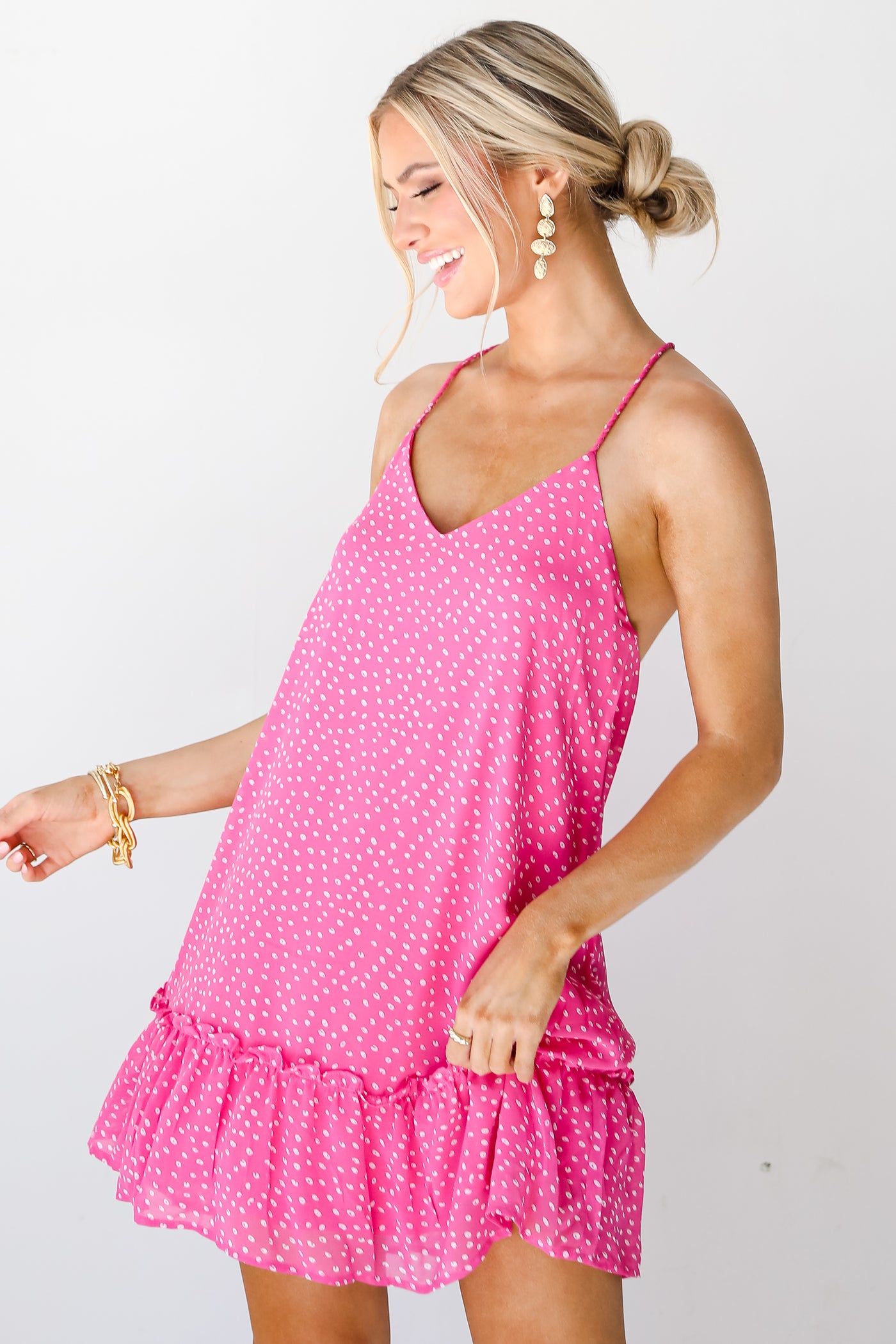 pink Spotted Mini Dress on dress up model