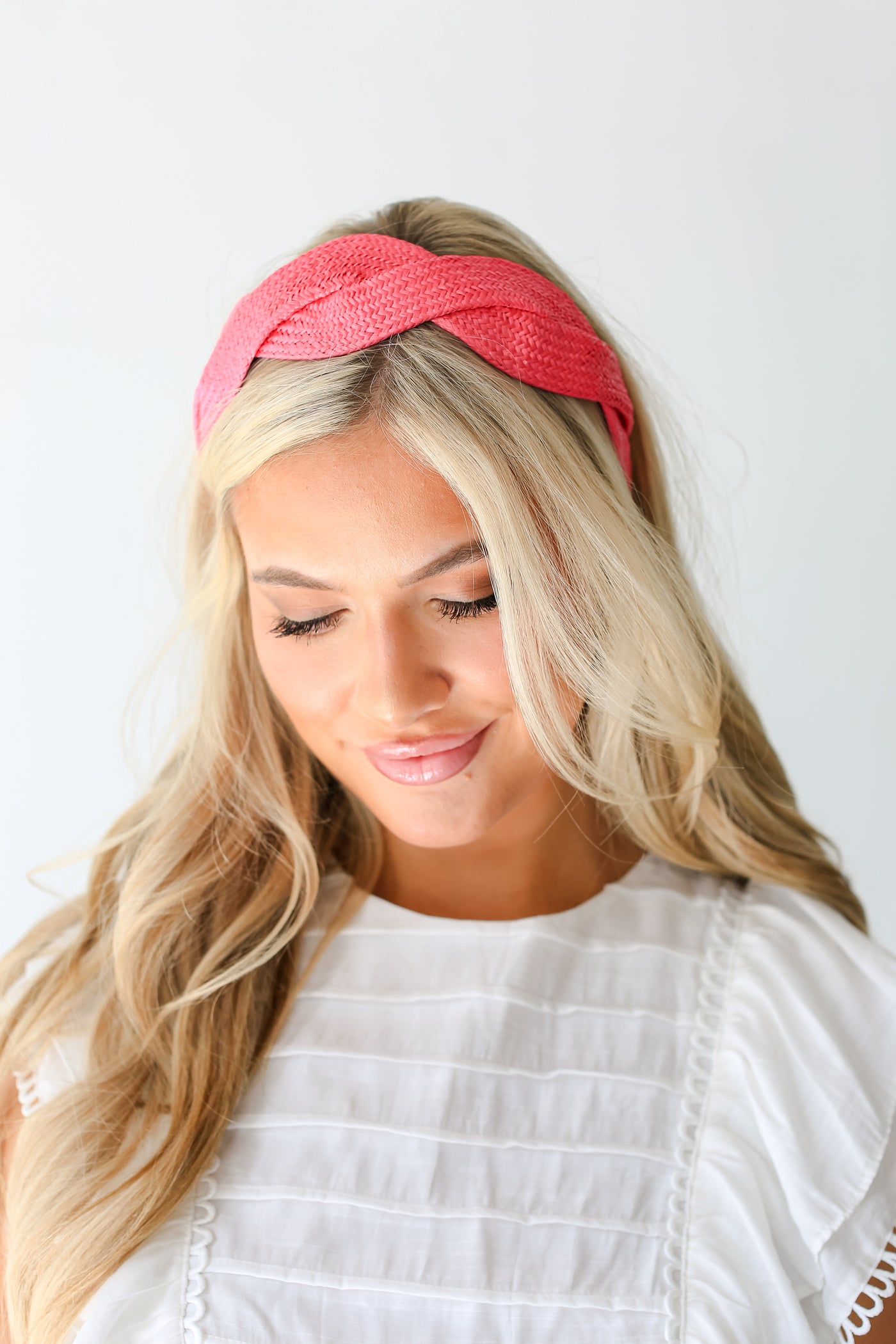 pink Straw Headband on model