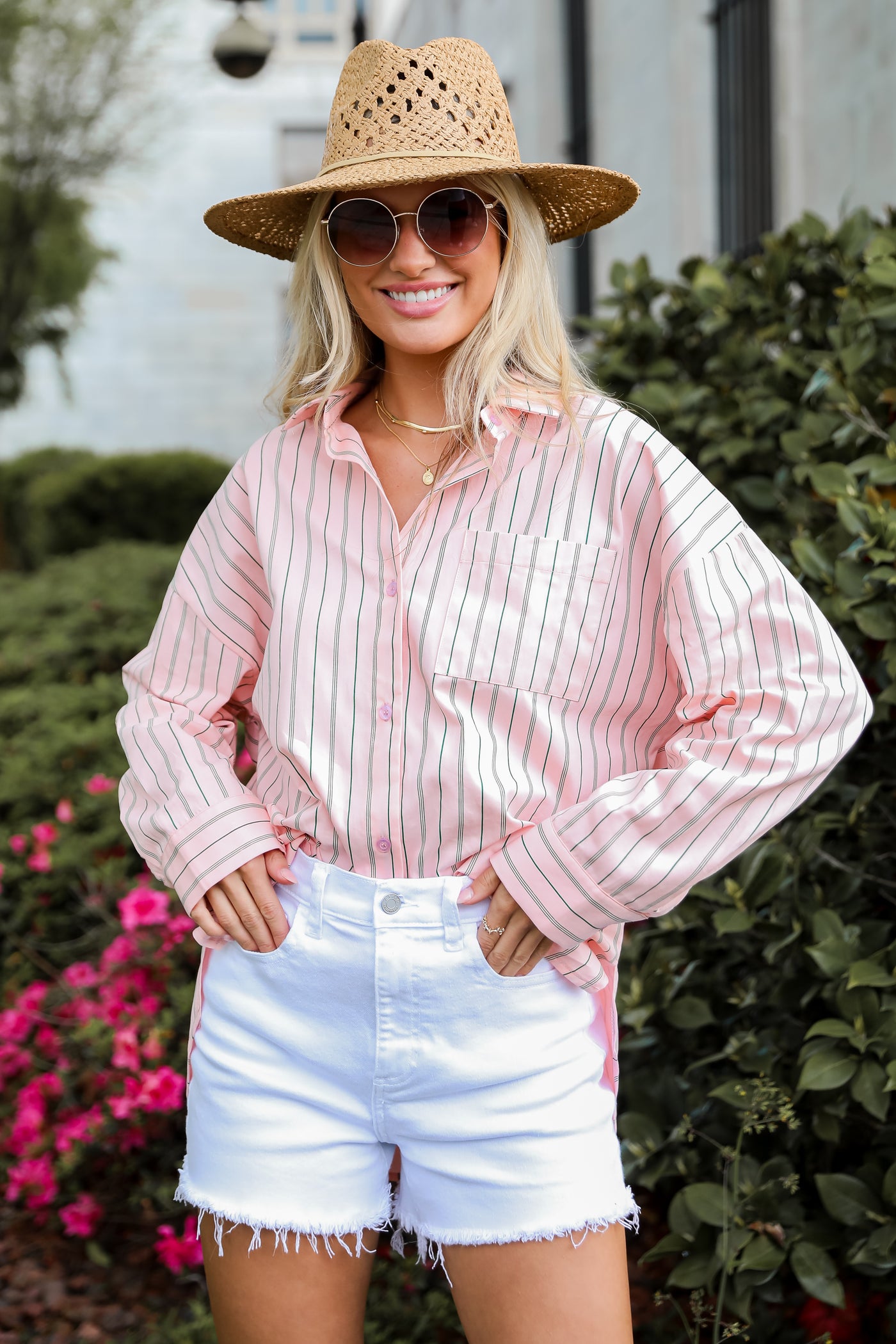 cute Pink Striped Oversized Button-Up Blouse