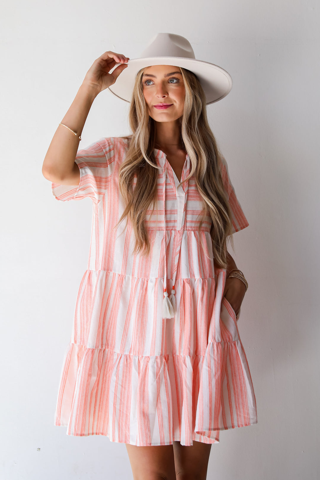 Sweet Tendencies Orange Striped Tiered Mini Dress