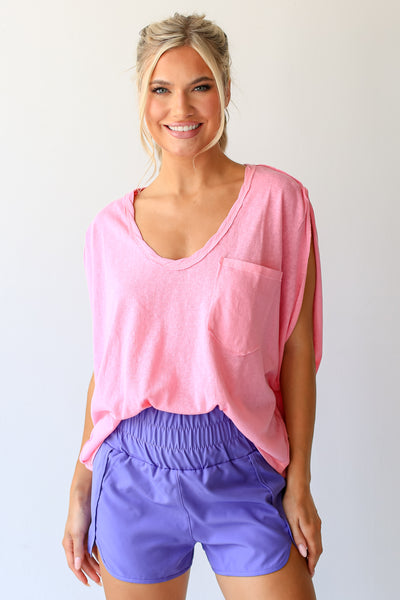 pink Tee front view on model