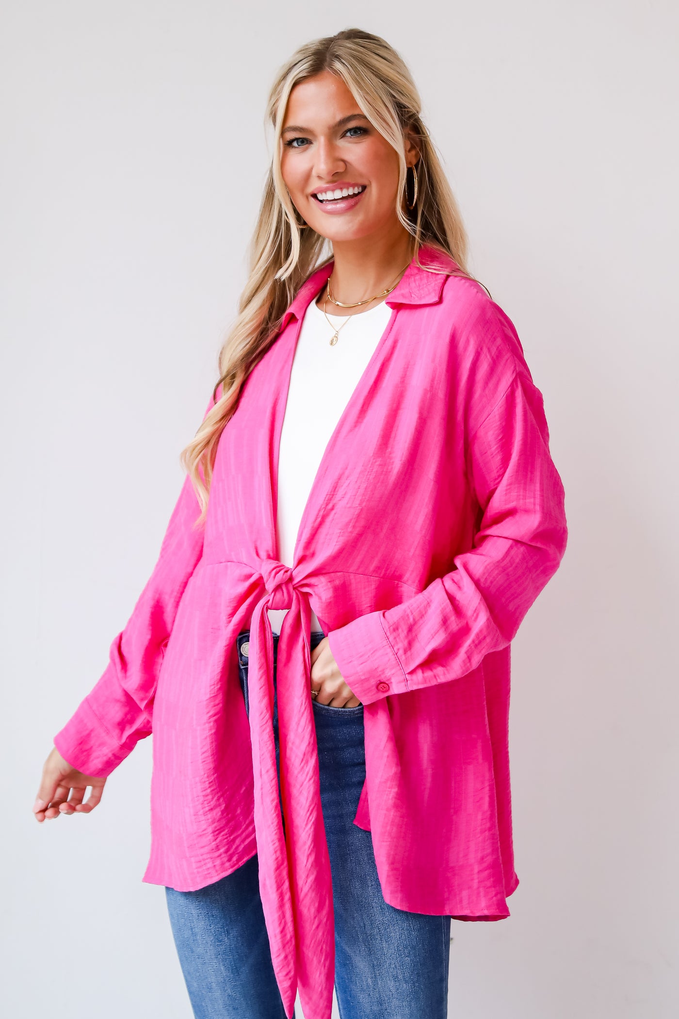 Hot Pink Tie-Front Blouse for women