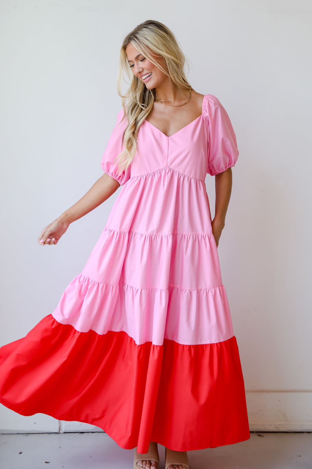Pristine Presence Pink Tiered Maxi Dress