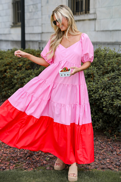 Pristine Presence Pink Tiered Maxi Dress