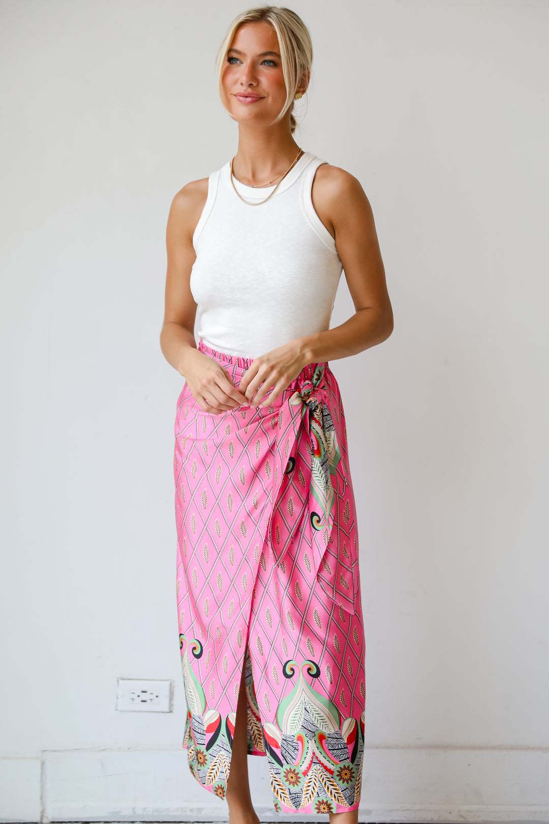Exceptional Attitude Pink Satin Wrap Midi Skirt