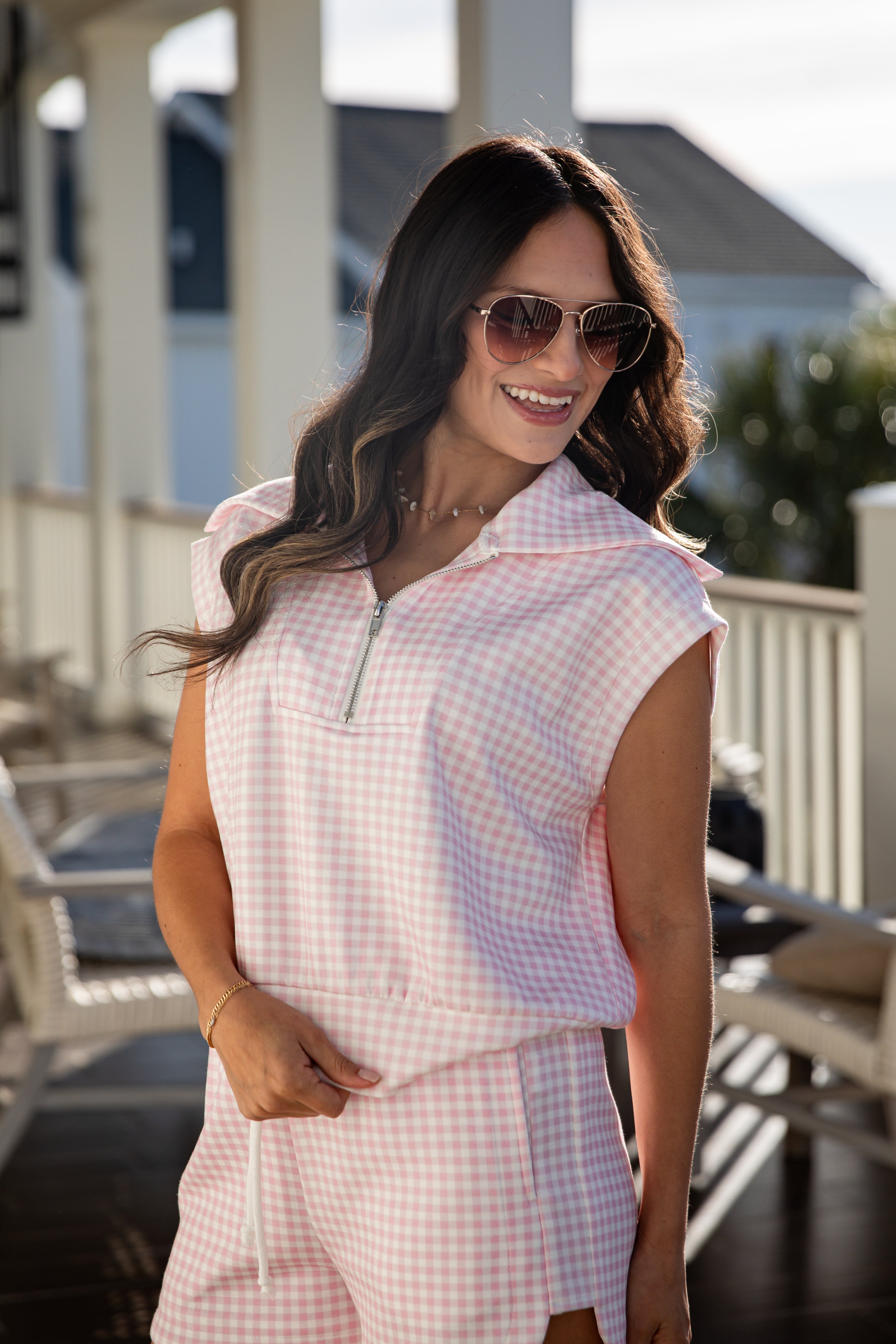 Pretty In Gingham Collared Zip Tank | Trendy Women's Tops