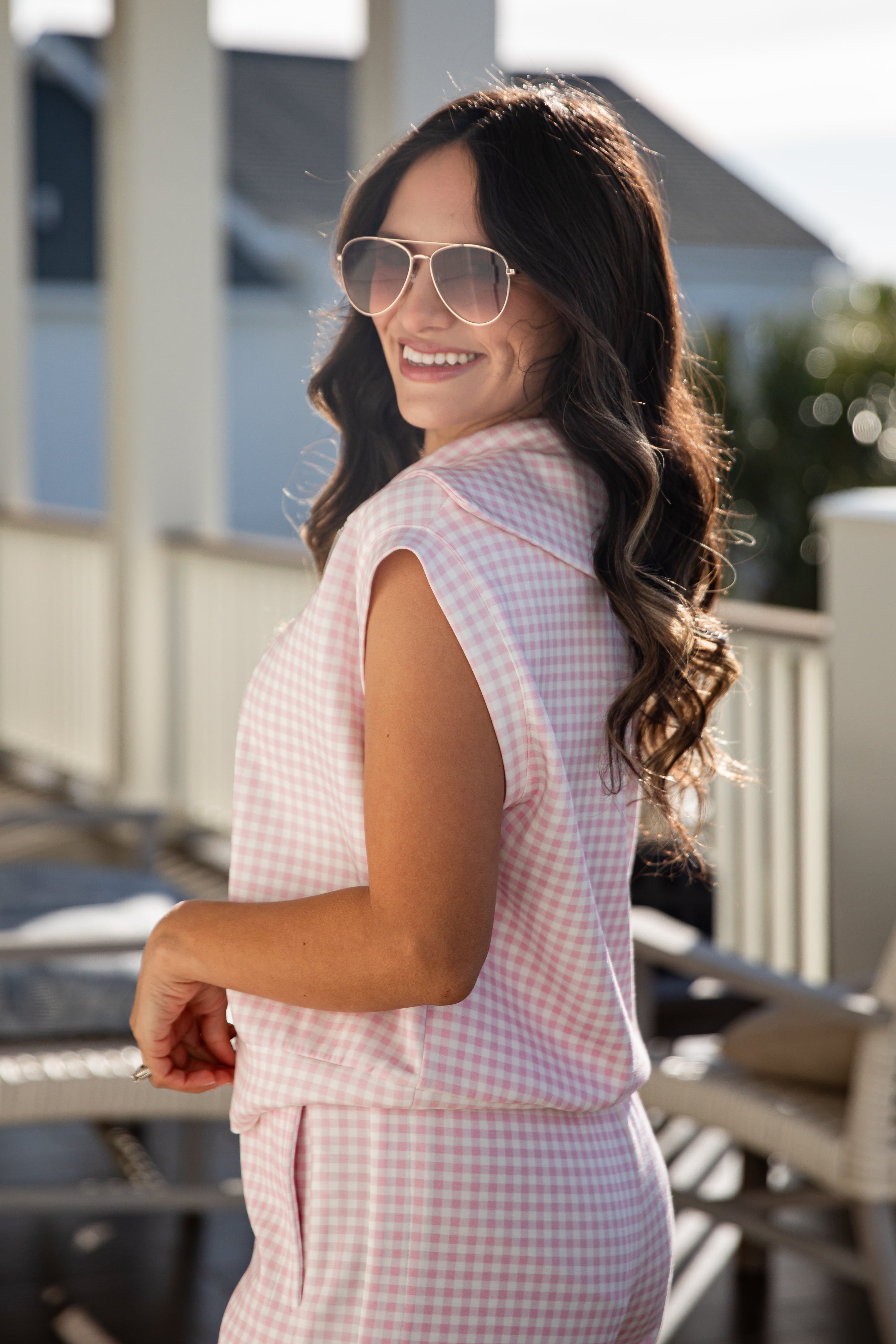Pretty In Gingham Collared Zip Tank | Trendy Women's Tops