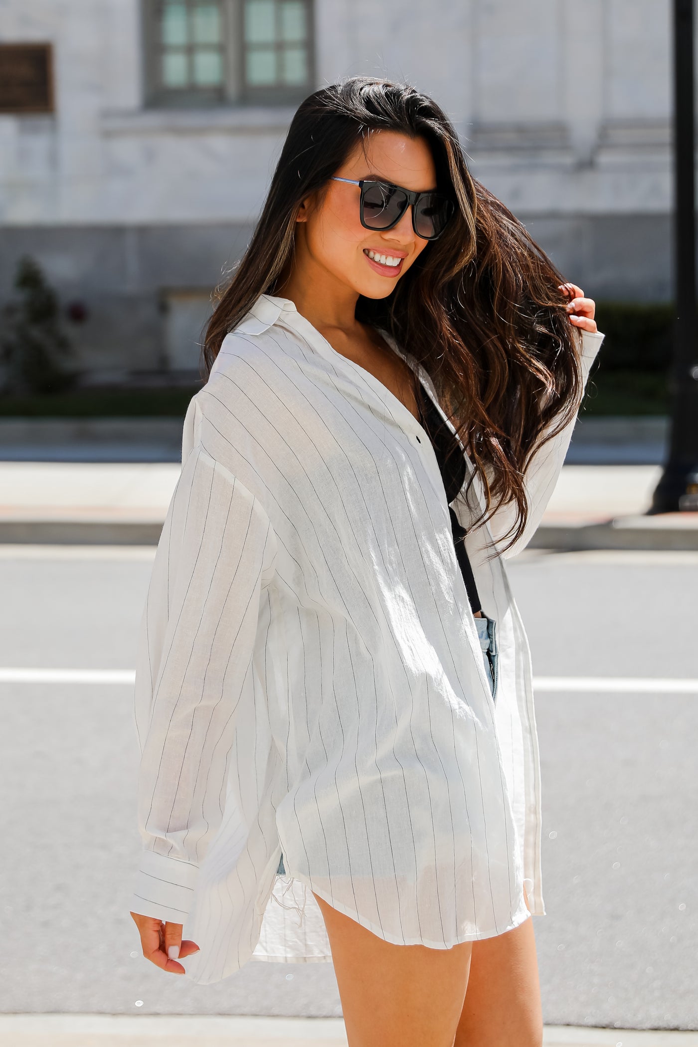 cute Pinstripe Oversized Button-Up Blouse