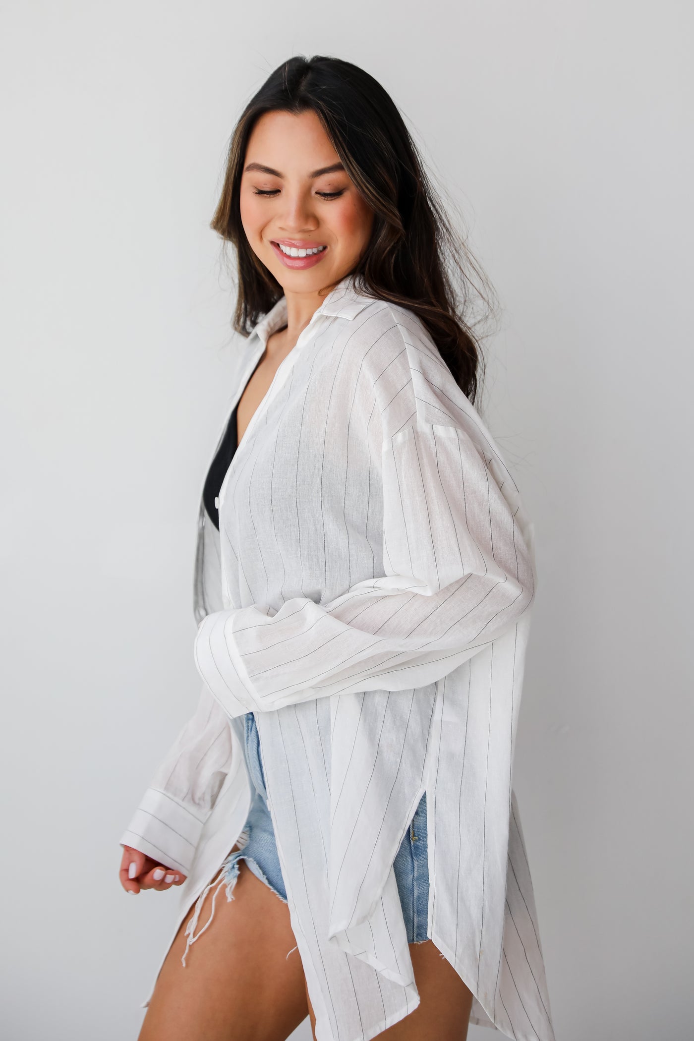 trendy Pinstripe Oversized Button-Up Blouse