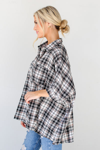 trendy Oversized Plaid Blouse side view