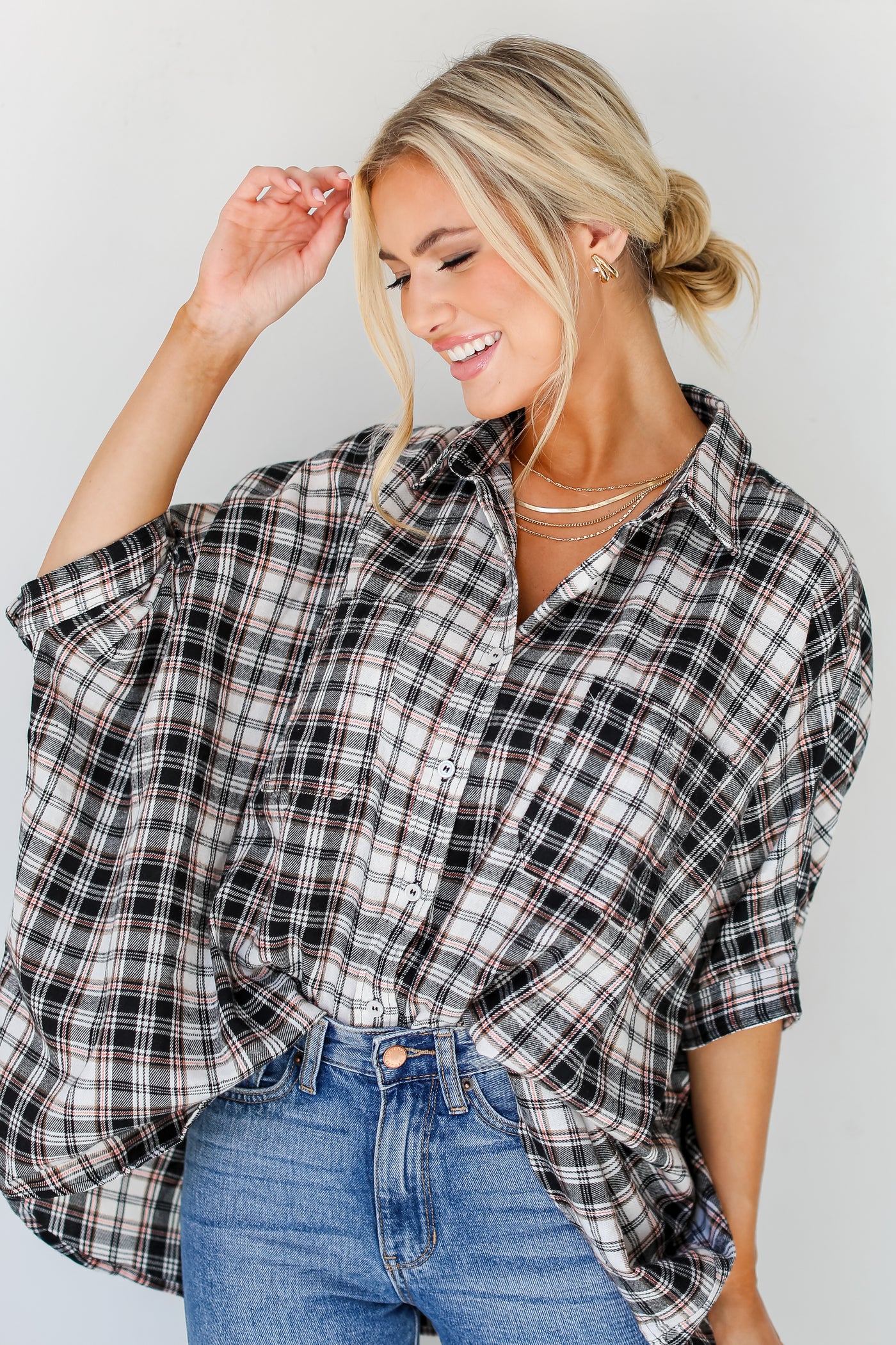 Oversized Plaid Blouse front view