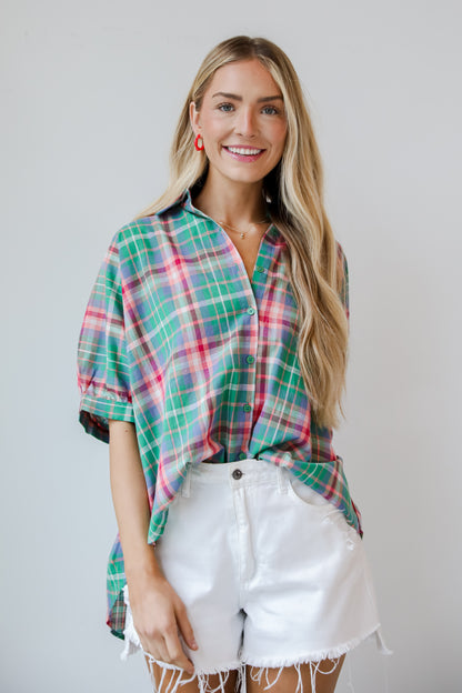 womens Green Plaid Blouse