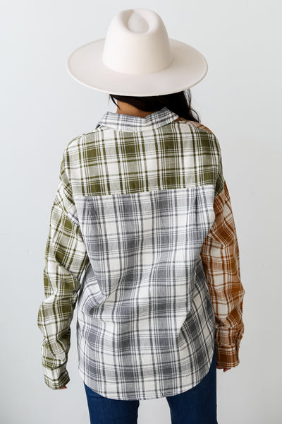 Green Color Block Plaid Flannel back view
