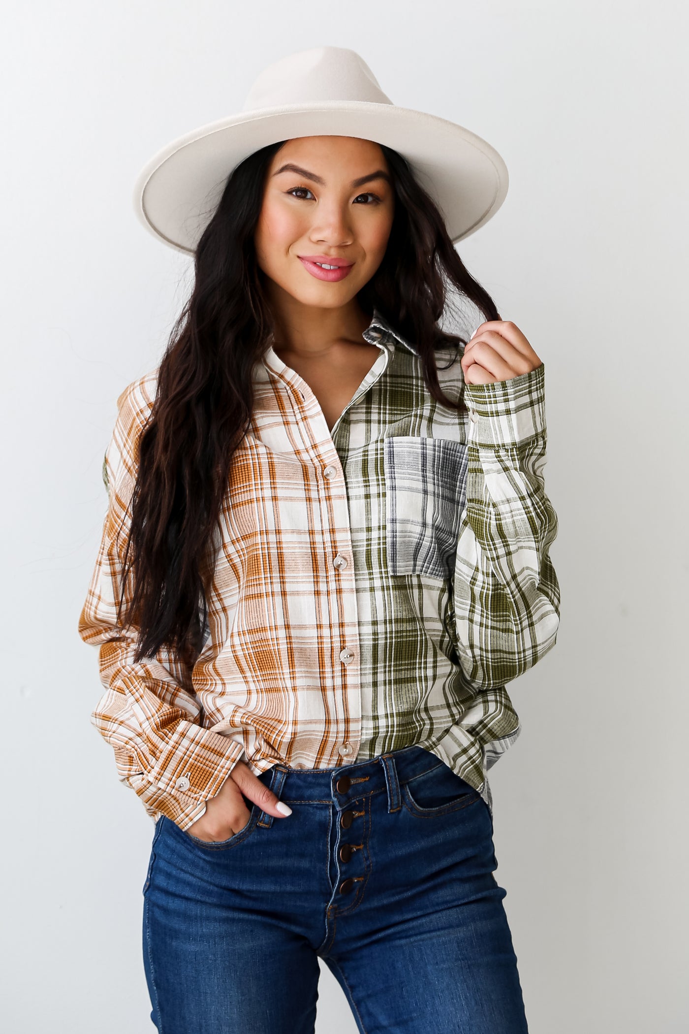 Green Color Block Plaid Flannel front view