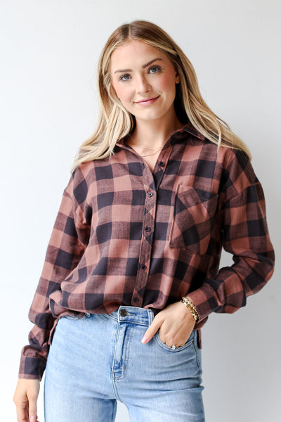 brown Plaid Flannel on model