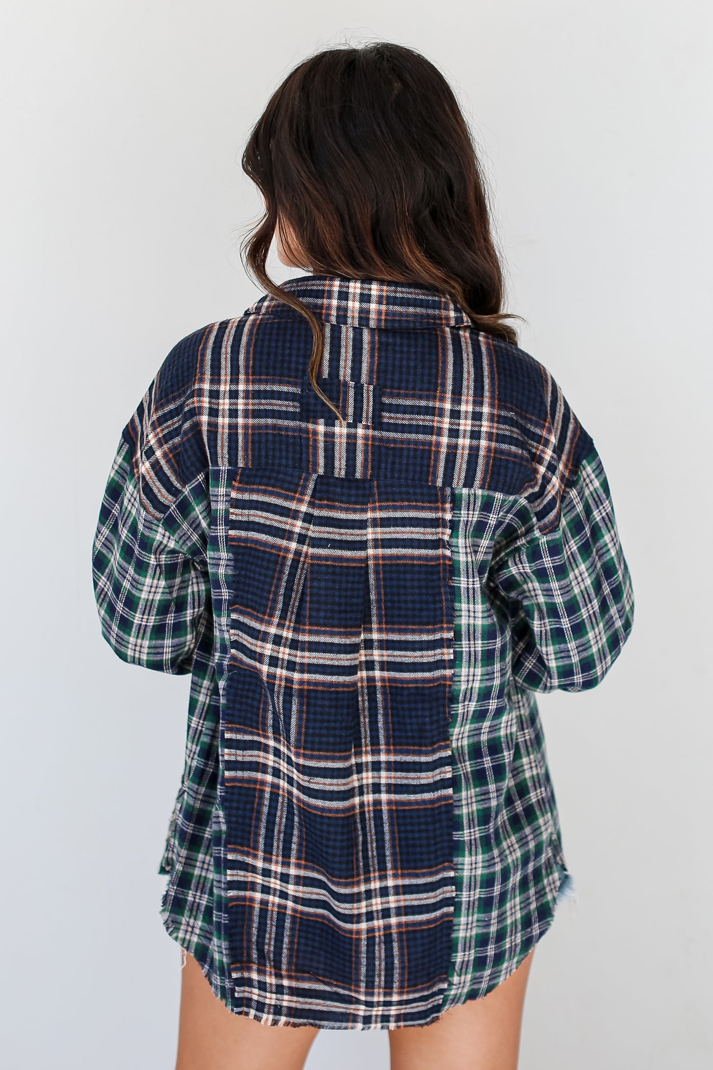 green Plaid Color Block Flannel back view