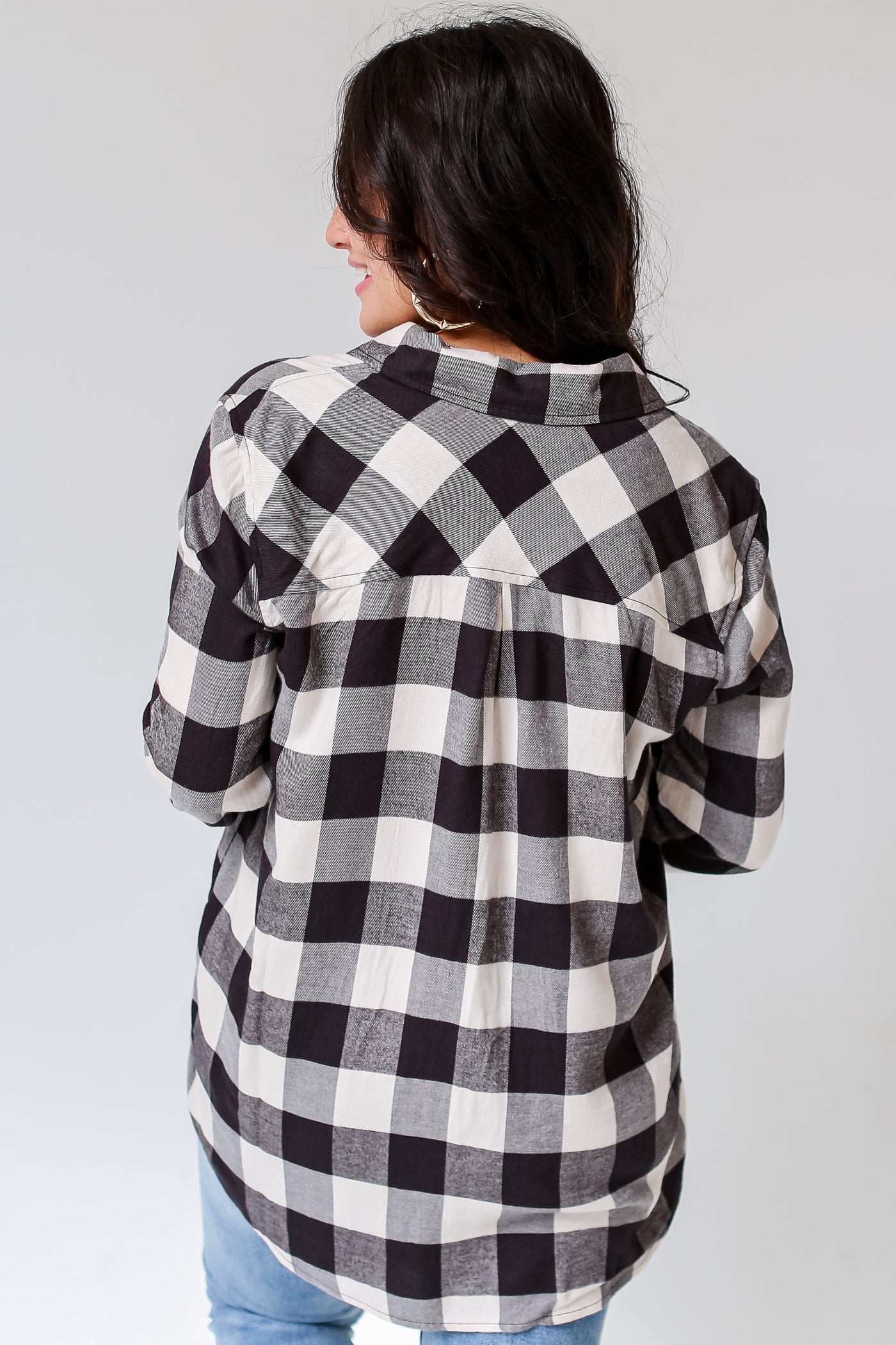 white and black flannel back view