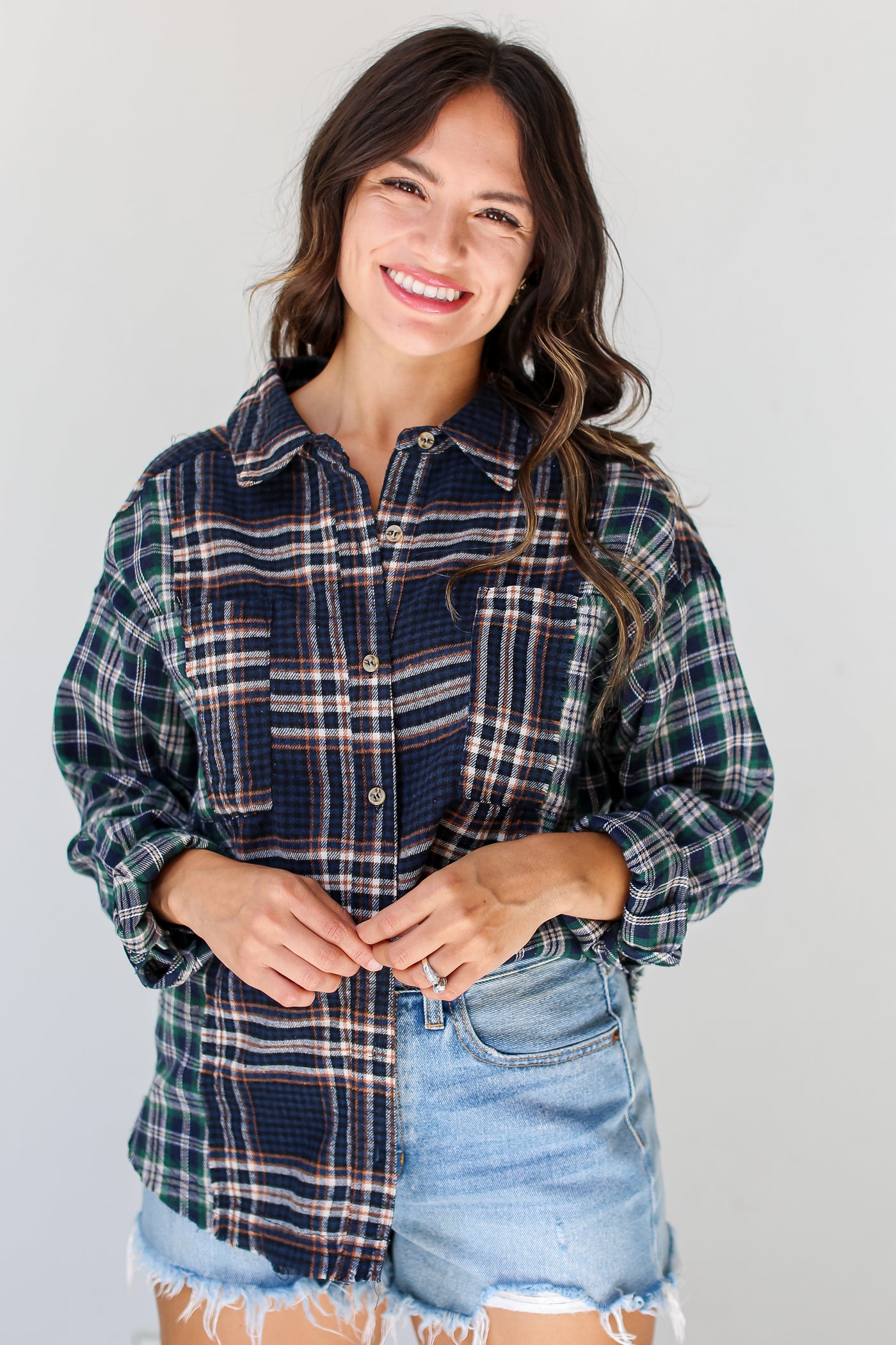 navy Plaid Color Block Flannel on model